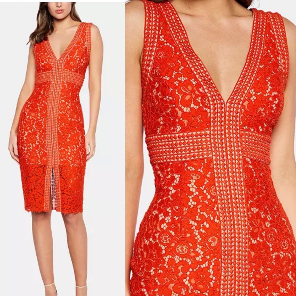 NWT BARDOT V-Neck Allover-Lace Sheath Dress 8 Flame Orange